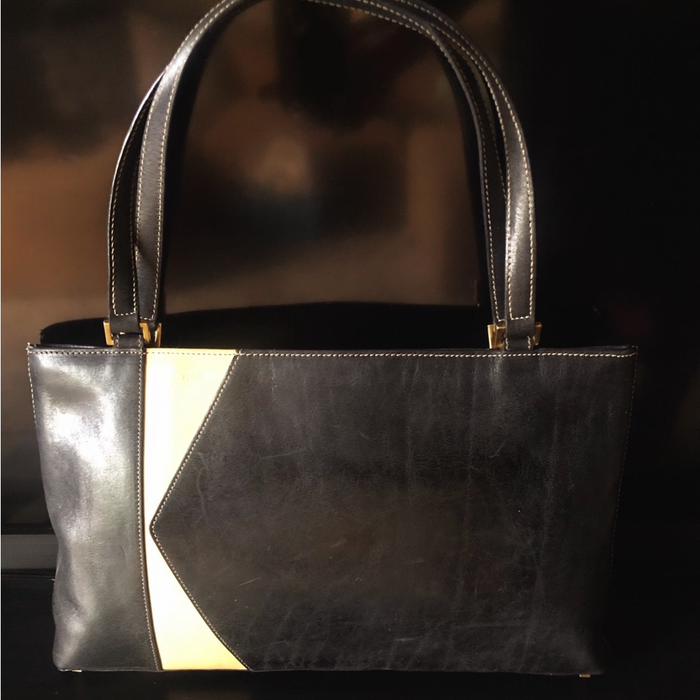 Vintage Kate Spade Structured Leather Shoulder Bag. Black/Beige